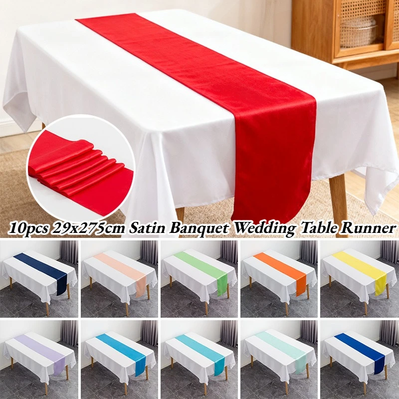 10pcs 29x275cm Satin Banquet Wedding Table Runner Silk Ribbon Table Flag for Birthday Party Hotel Decor Christmas Home Dining