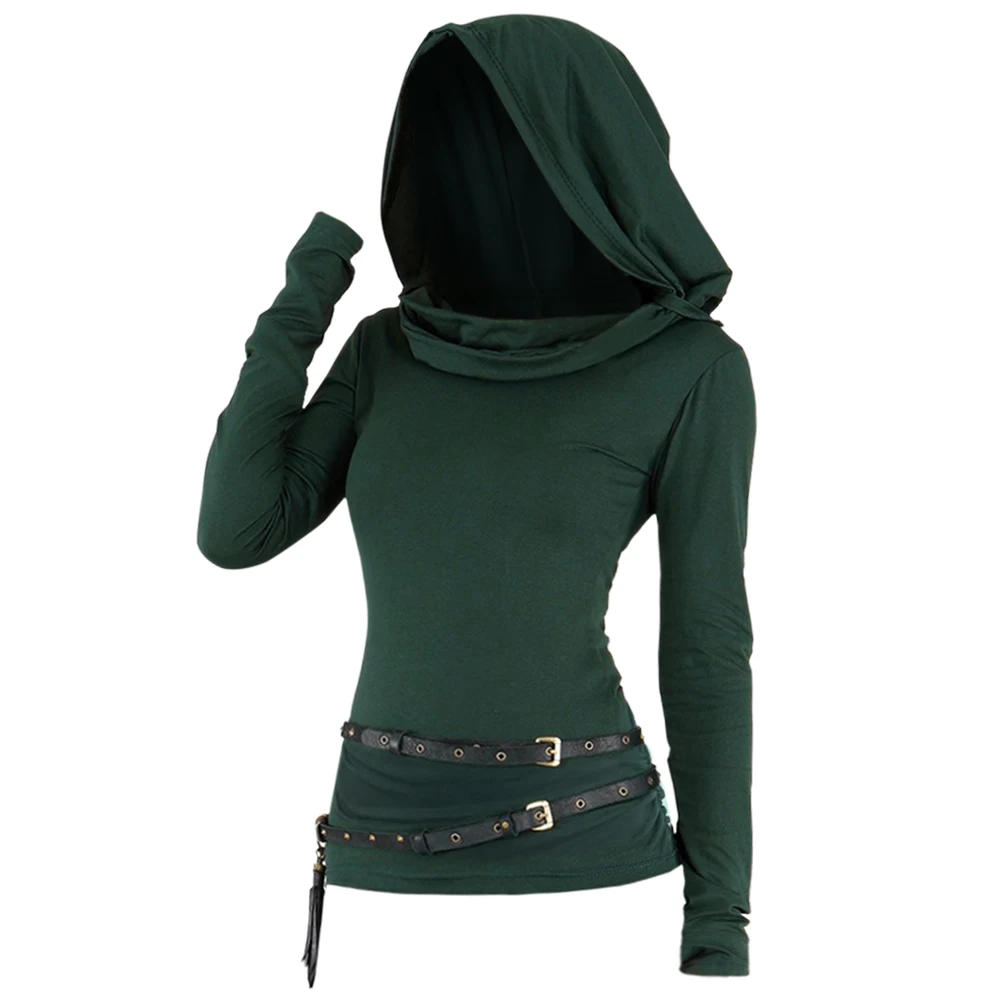 

Long Sleeve Solid Color Hooded Top For Women Hoodie Ruched Curved Hem Casual Top With Double Belts