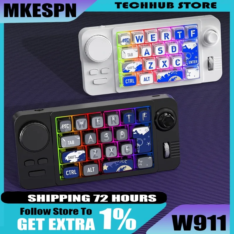 

MKESPN W911 Механическая клавиатура Трехрежимная RGB-макропрограммирование с возможностью горячей замены 22 клавиши Игровая клавиатура Ручка громкости Джойстик