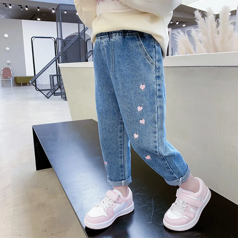 Spring Autumn Baby Denim Pants For Girls Heart Embroidery Elastic Waist Kid Girls Trousers Stretch Exterior Children Girls Pants