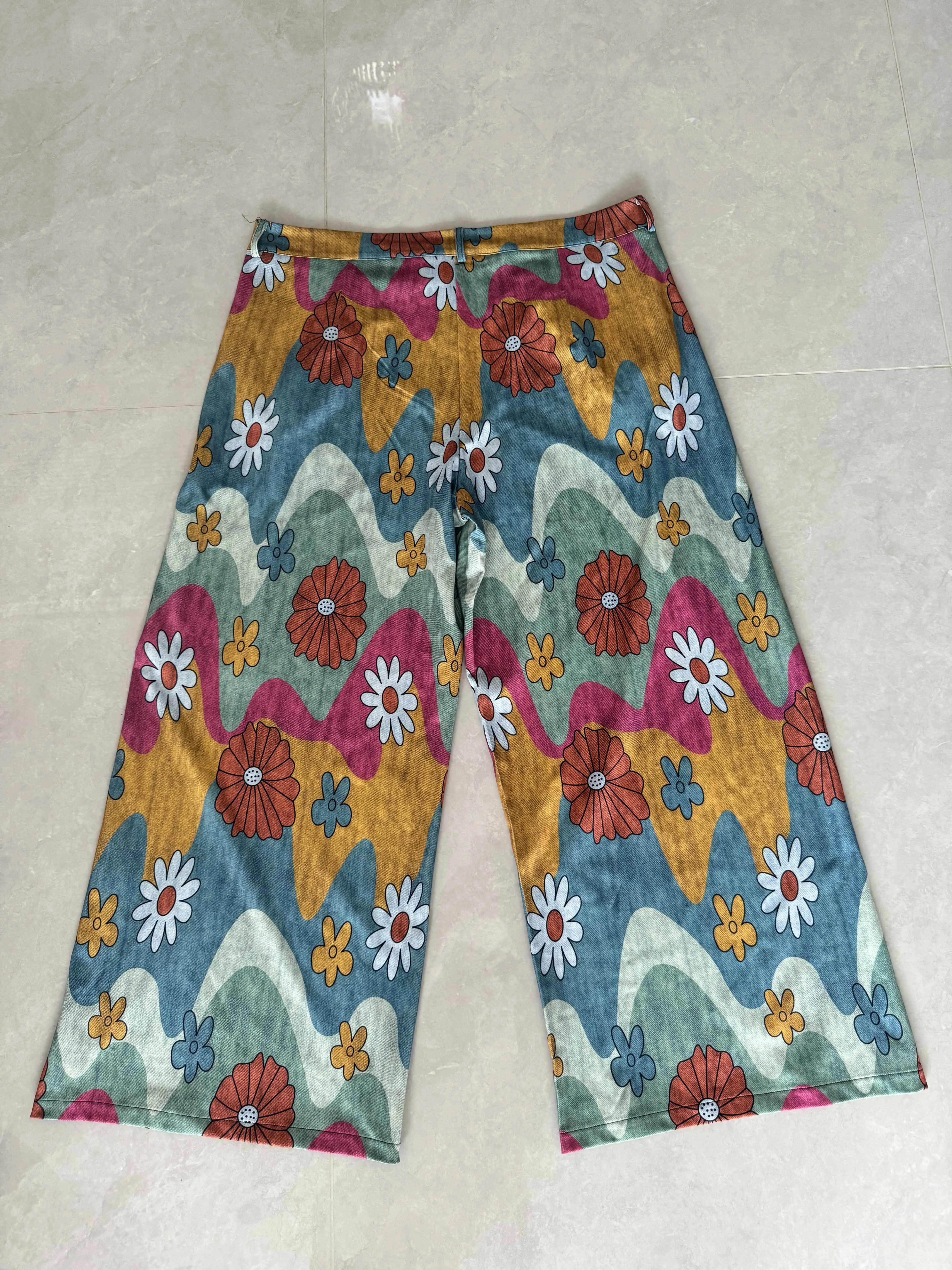 سروال نسائي رفيع من قماش الدنيم المقلد بمقاس كبير مع حزام مطاط بطبعة عباد الشمس وزهرة الأقحوان وبنطلون جيب بقلاب قطري، مريح وعصري في جميع الفصول #3