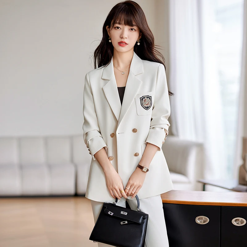 Women Elegant Work Blazer Suit Noted double breasted Jacket Coat Top And Pant Two Piece Set Matching Outfit Office Lady Clothing