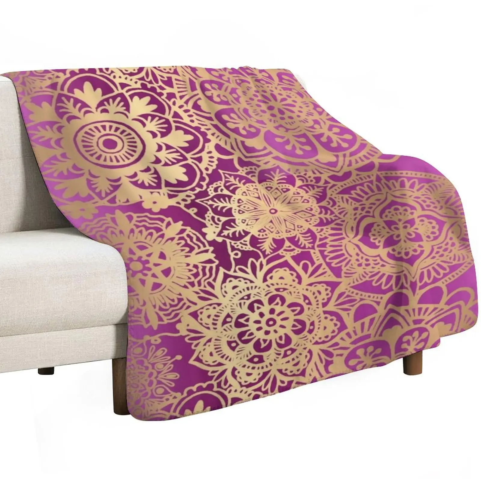 Pink and Gold Mandala Pattern Throw Blanket Outdoor Soft Blanket for Picnic Beach Camping
