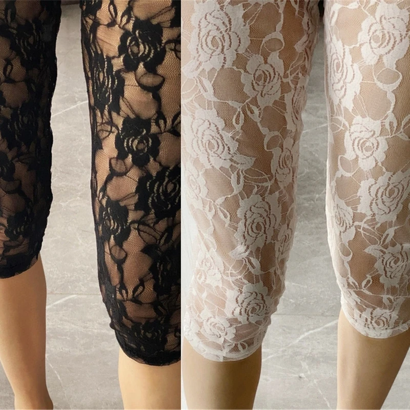 50JB Women Hollowed Out Mesh Shorts Cropped Pants High Waist Sheer Capris Leggings See Through Flower Lace Tights Underpant