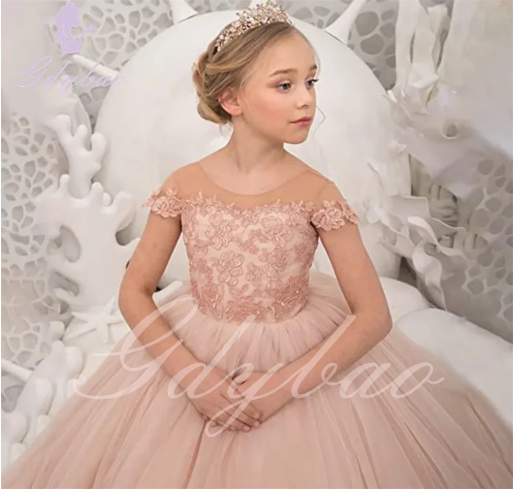 

Blush Ball Gown Child Flower Girl Dresses for Wedding Princess Appliques Cap Sleeves Photoshoot Communion Gowns