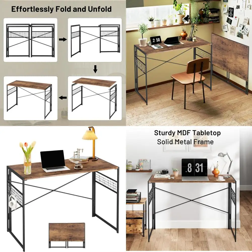 

Компактный винтажный коричневый металлический складной стол 39,4 с 8 крючками для дома, офиса, общежития