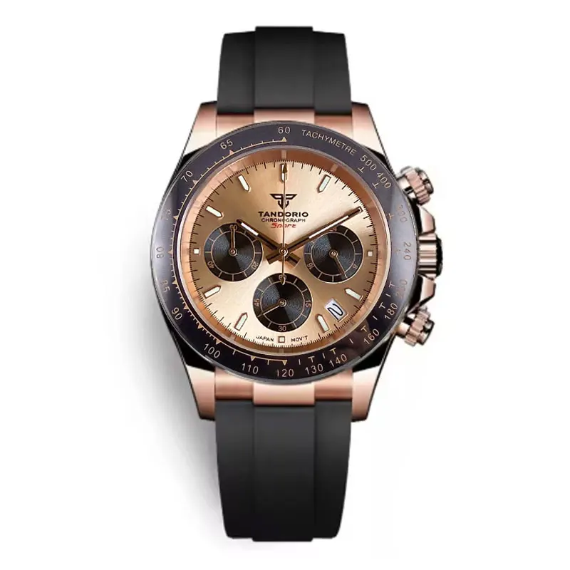 Tandorio 남성용 클래식 크로노그래프, 블랙 로즈 골드, 39mm 사파이어 크리스탈 시계, 달력 시계, VK63 쿼츠 무브먼트, 신제품