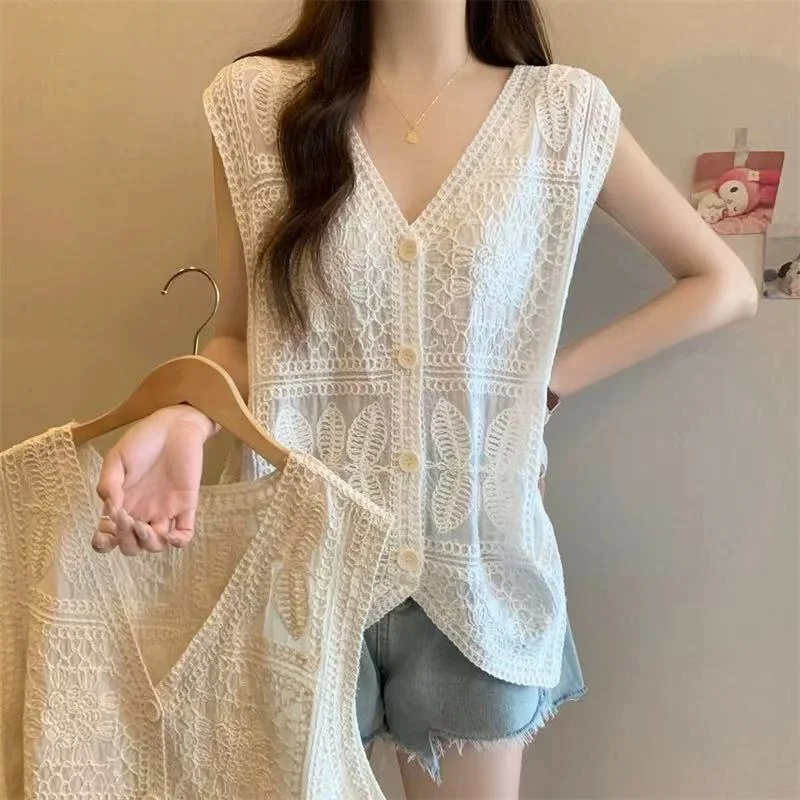 

Hook Flower Hollowed Out Sleeveless Vest Women Summer Sweet Y2K Fragrance Thin Cardigan Sweet Versatile Small Jacket Vest New