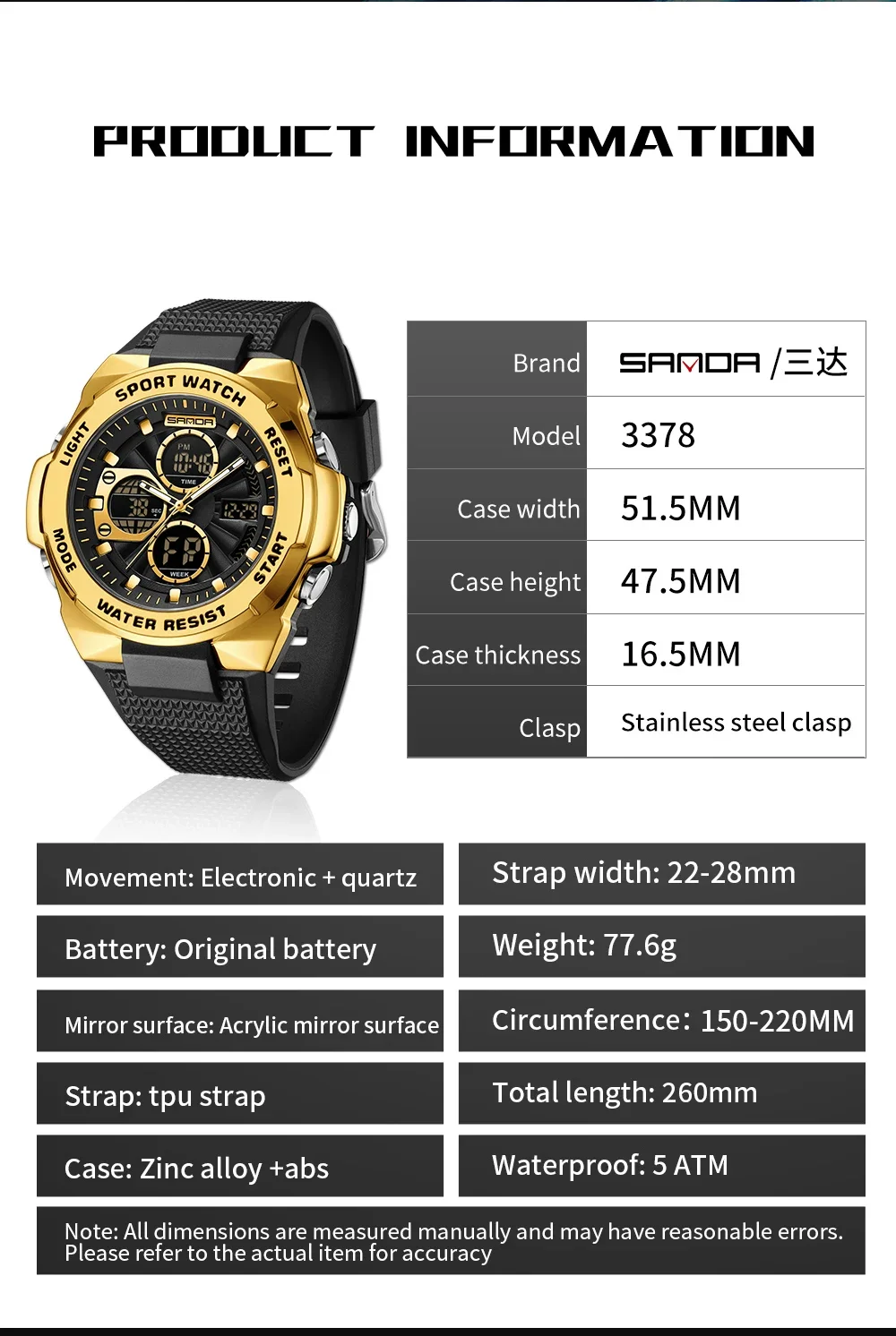 SANDA 3378 Nieuwe Luxe Sport Herenhorloge Dual Display Waterdicht Lichtgevende Man Horloge Quartz LED Chronograaf Relogio Masculino