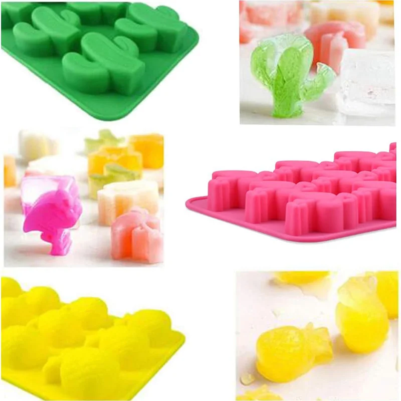 4pcs Hawaiian Tropical Themed Ice Cube Tray Summer Silicone Mold Including Cactus,Coconut Tree & Pineapple for Jelly,Chocolate