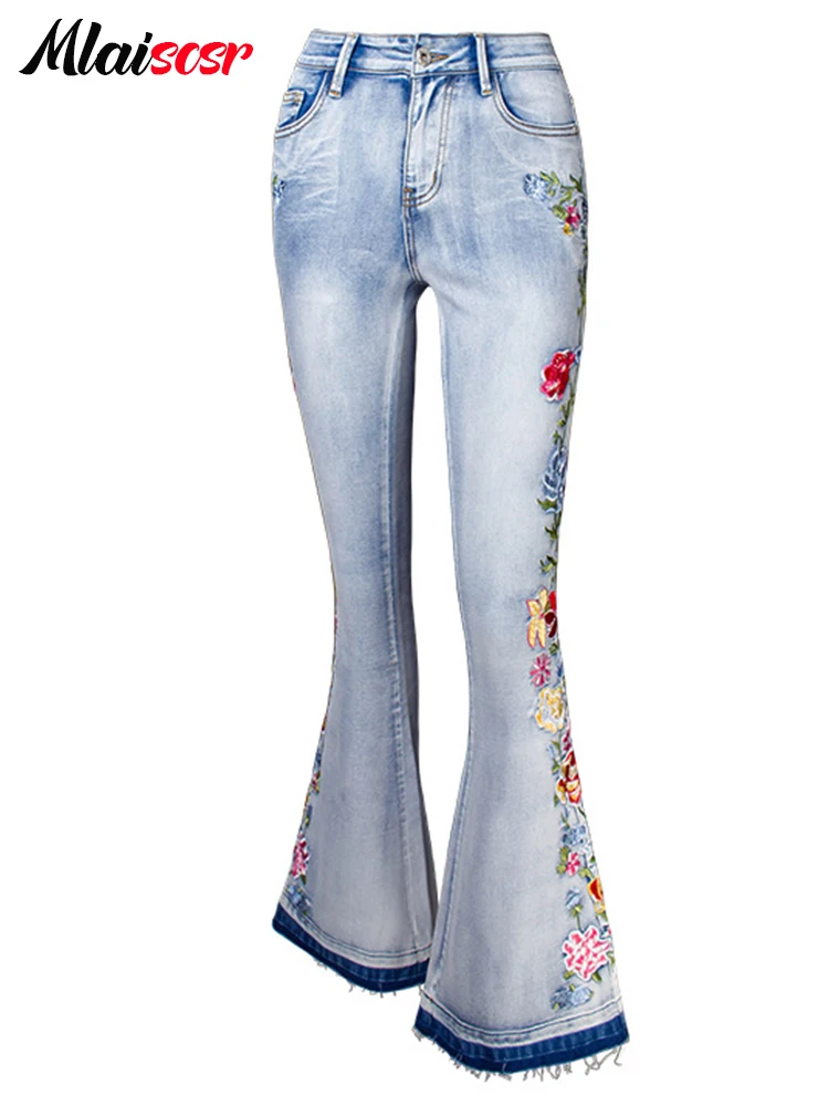 Mliscr-Jeans Flare Floral Bordado Feminino, Calça Jeans Stretch, Calças de cintura média, Streetwear, Azul Claro, Moda 3D, Novo