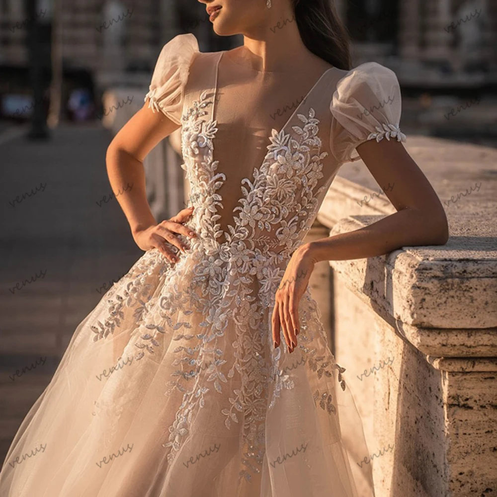 

Vintage Wedding Dresses Charming Bridal Gowns Lace Appliques Short Puff Sleeves Deep V Neck Vestidos De Novia Customized 2025