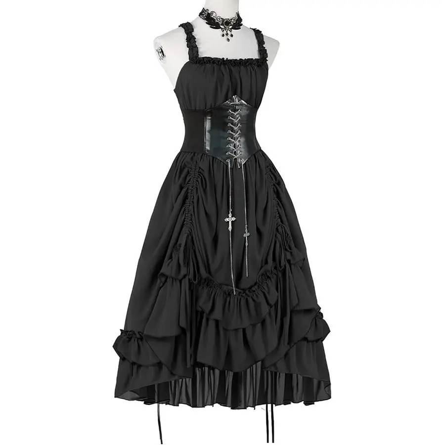 Women Gothic Dress Corset Slip Black Punk Lolita Irregular Ruffle Midi Dress Vintage Party Evening Vestidos Halloween Costume view 2