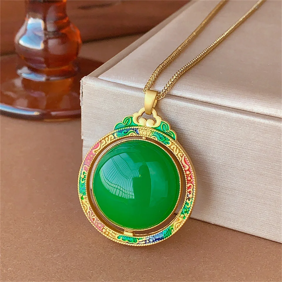 

Peace And Luck Hollow Out Pendant Chalcedony Necklaces Rounded Stone Main Stone 25*25 Good Fortune Jade Stainless Steel Necklace