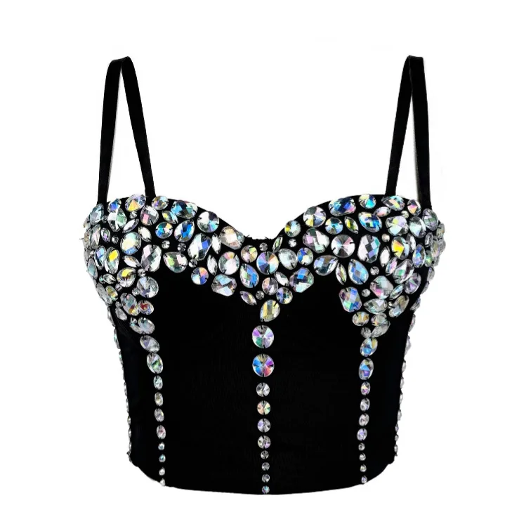 

Women Crop Tops Colored Diamond Acrylic Diamond Sling Vest Handmade Performance Clothes, and Fish Bone Bra
