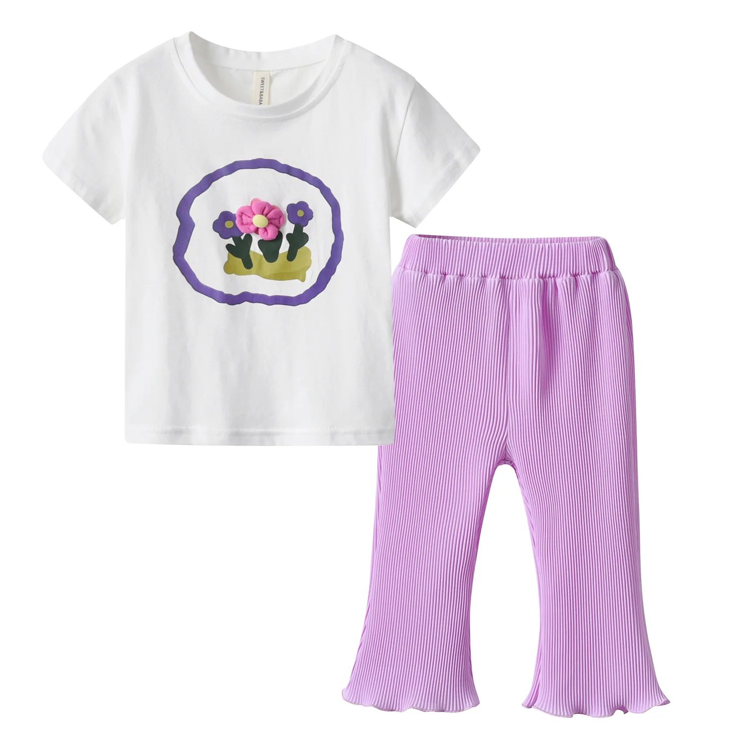 Girls Suit Summer White Short Sleeve T-shirts +Purple Pant 2pcs Set Kids Outfits Sweet Girl Clothing sets