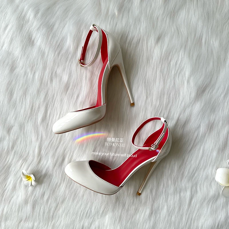 TOMONYE Shiny White Black Nude Red Patent Leather Round Toe Hot Sale Ankle Strap 120mm High Heel Straps