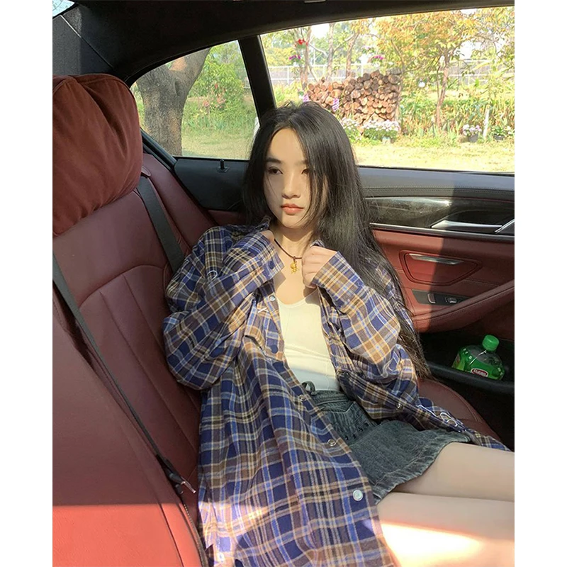 MEXZT S-3XL Harajuku Plaid Shirts Women Oversized Removable Long Sleeve Blouses Streetwear Korean Embroidery Patchwork Tops New