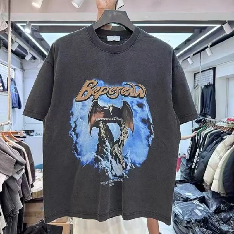 

Dark Demon Bat Print Summer Vintage Hip Hop Washed Mens Womens High Street Casual T-shirt Short Sleeve Tops