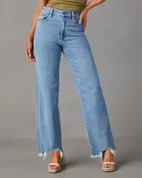 Blue Jeans for Women Wide Leg Pants Straight Long Pant Casual High Waist Hole Denim Trousers Pocket Capris Y2k 2025 Spring