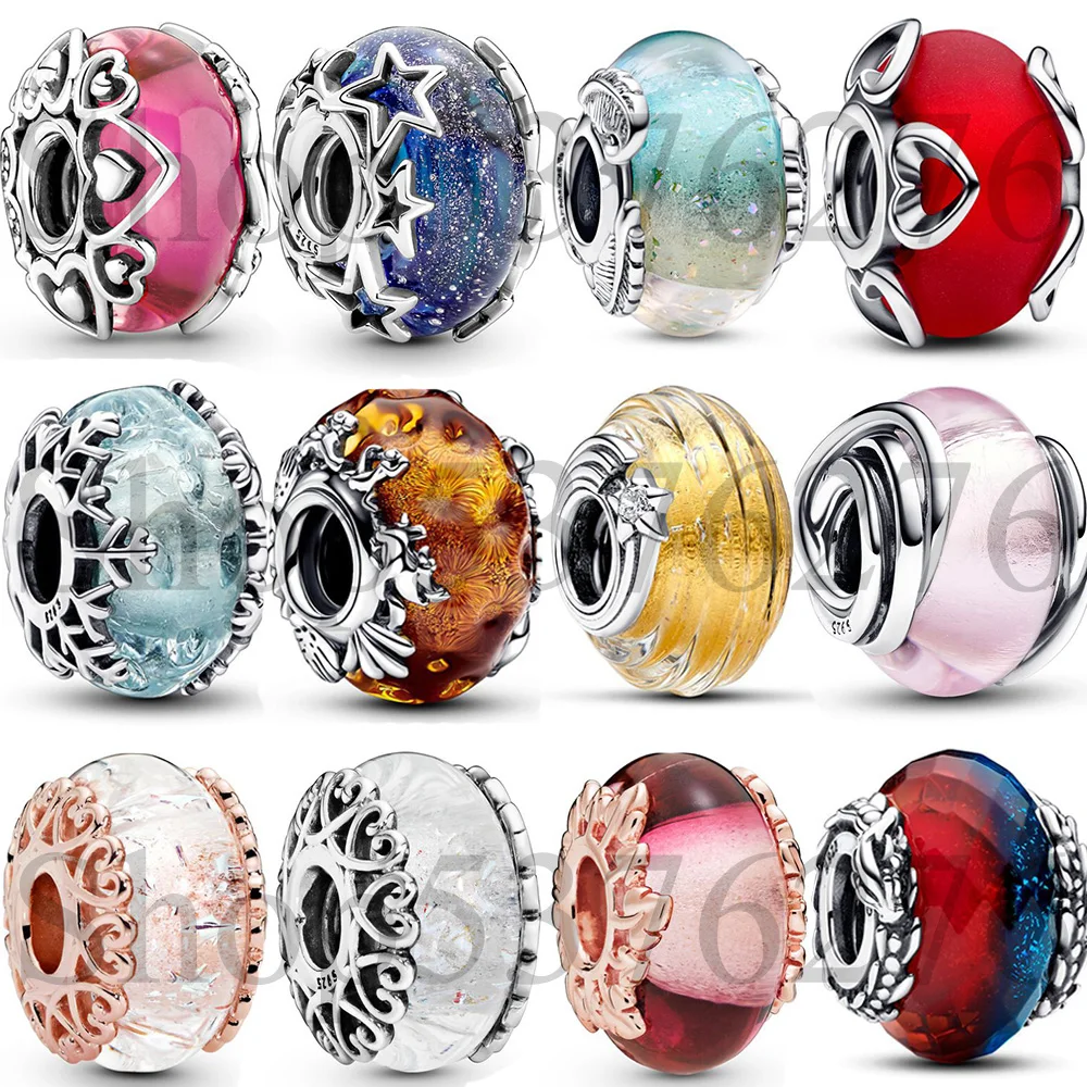 925 Sterling Silver Bead Iridescent Star Snowflake Feather Murano Glass Charm Fit Pandora Women Bracelet Bangle Gift DIY Jewelry