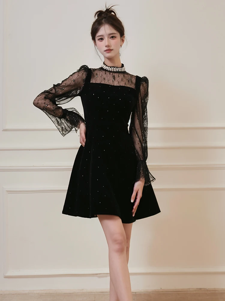 French Elegant Hepburn Style Diamond Stand Collar Long Flare Sleeve High Waist Slim A-line Sexy Black Lace Short Dress For Women