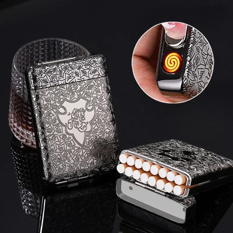 Retro Metal Carved Cigarette Case Lighter Pocket Hold 16pcs 84mm Cigarettes Storage Box Tungsten Wire Ignition Windproof Lighter