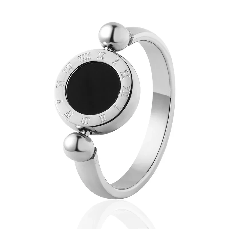 Charming Roman Digital Rotating Black and White Double sided Ring Women\'s Stainless Steel Ring Fashion Jewelry Accessories