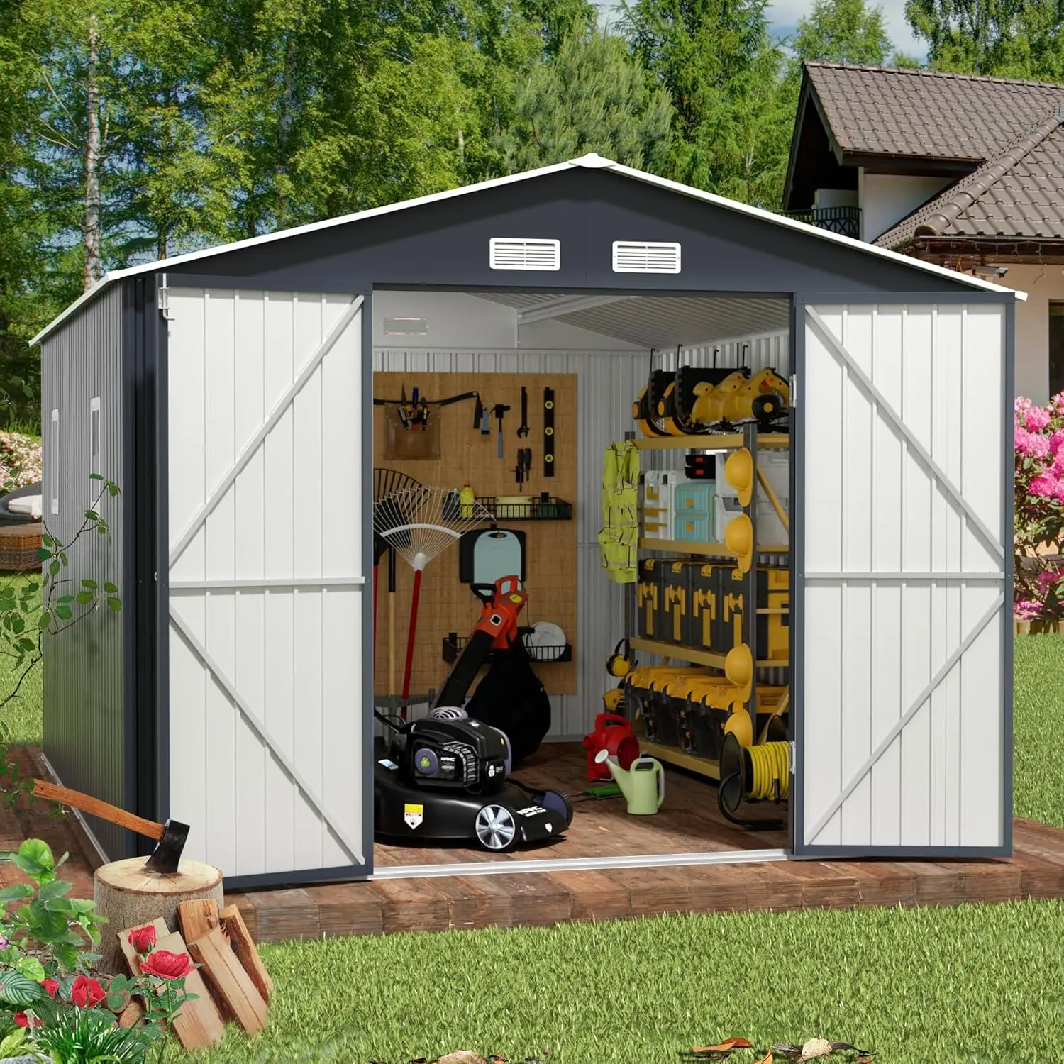 Outdoor Storage Shed 10 x 12 ft. Utility Tool Shed Metal Storage Garden Shed with Lockable Doors & Windows for Patio Storage