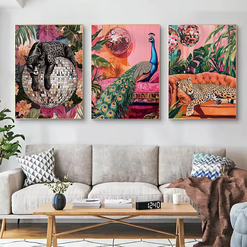 Boho Tropical Disco Ball and Noble Animals Peacock Cheetch Tiger Poster Canvas Painting Wall Art Pictures Home Bathroom Decor