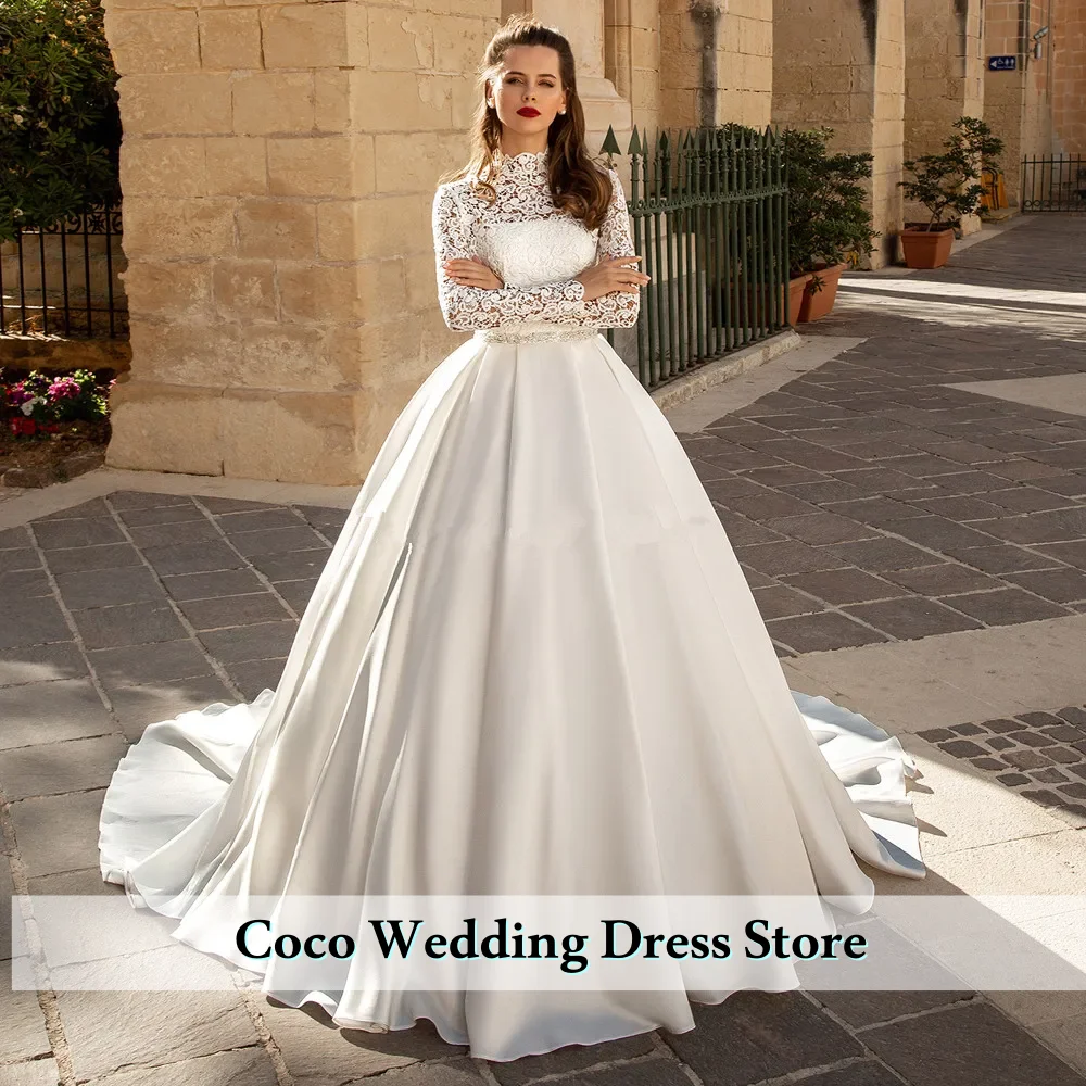 Customized Elegant High Neck Lace Wedding Dresses With Long Sleeves Beaded Sash Bridal Gowns Vestido De Noiva