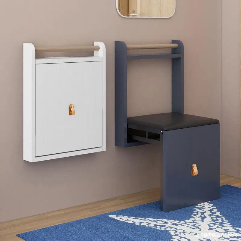

Folding shoe changing stool wall hanging wall hole board solid wood storage hanger