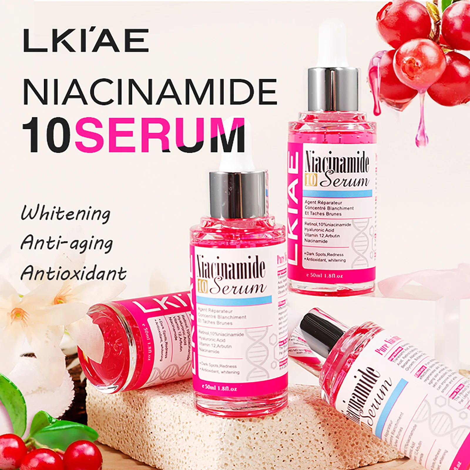 LKIAE Nicotinamide Whitening Essence, Anti-Wrinkles, Freckles, With Hyaluronic Acid, Moisturizing Serum For Face And Body