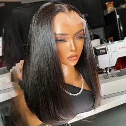 Perucas curtas retas brasileiras do cabelo humano do laço Bob, 200% densidade, transparente, 13x4, parte livre, pre arrancado