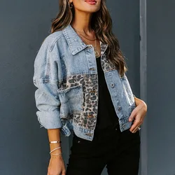 Women's Autumn  Winter Trendy Denim Jacket Long-sleeved Denim Pocket Jacket Women's Leopard Print Stitching Denim Hip-hop Jacket