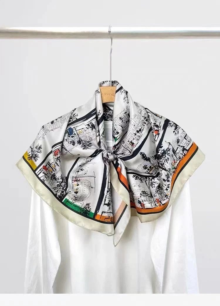 Women 100% Silk Large Square Scarf City Street Landscape Building Print Shawl Vintage Travel Map Silky Neck Head Wrap