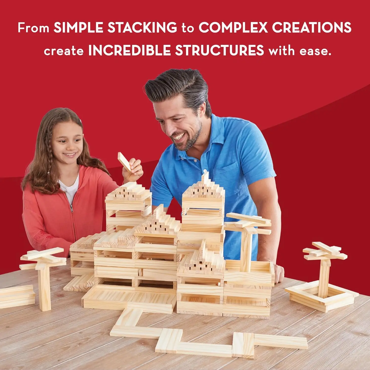 Structures 600 Plank Wooden Building Blocks Set, Includes 600 Pine Planks, 30 Idea Cards and Collapsible Storage Bin