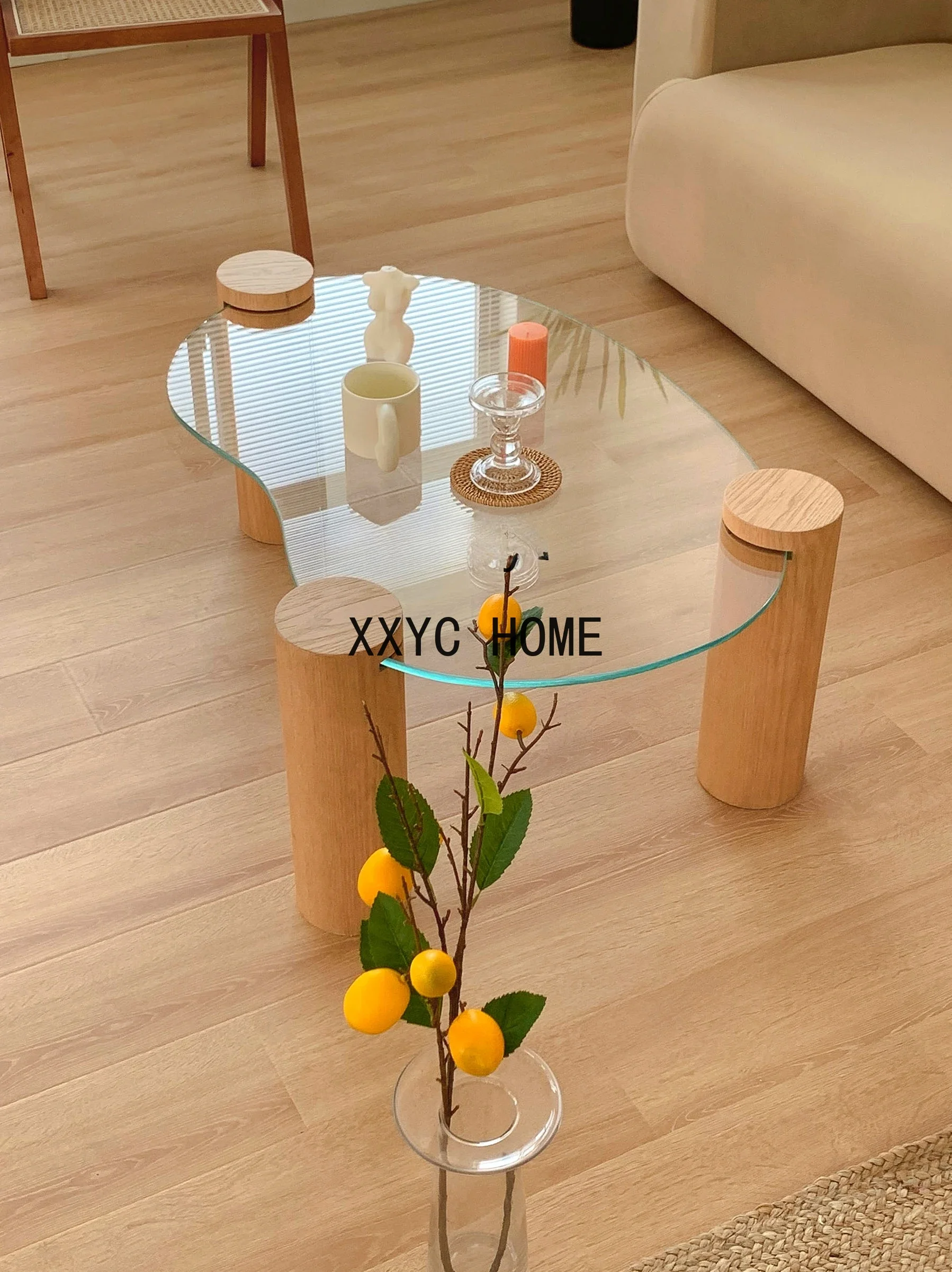 Simple Korean Style Cream Style Small Apartment Flat Curved Small Table Transparent Glass Tea Table