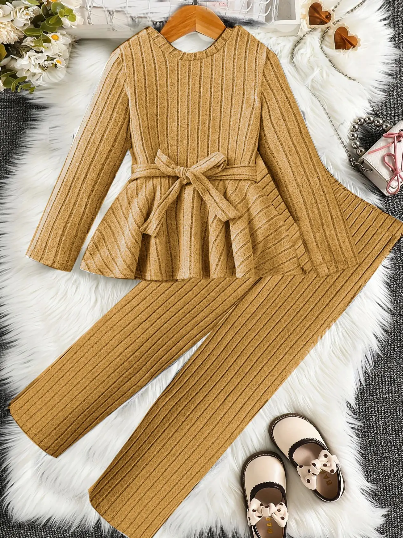 Zweiteiliges Set für Mädchen, Winter, langärmelig, lässig, Rüschenrand, Rock für Mädchenkleidung, weite Beinhosen für große Jungen, vielseitig einsetzbar – Detail 2