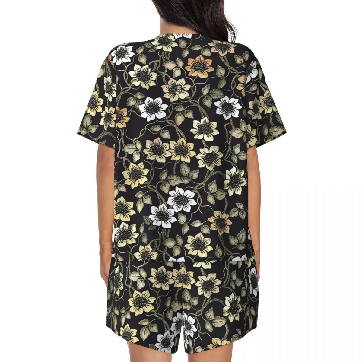 Retro Flower Pajamas Women Anemone Floral Cute Nightwear Spring Short Sleeve Two Piece Casual O Neck Pattern Pajama Sets 2