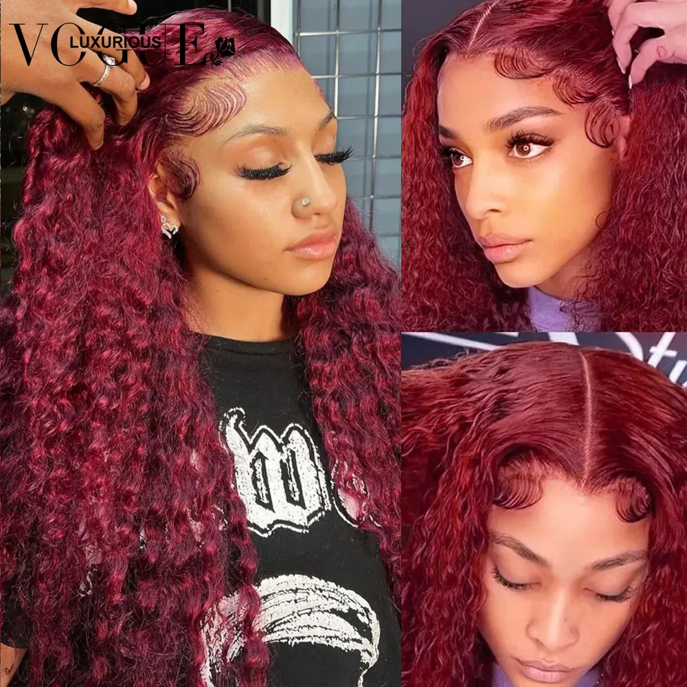 

Burgundy Curly Human Hair Wig 13x4 Transparent Lace Frontal Wigs Remy Hair 99J Deep Wave Lace Front Wig Pre Plucked For Women