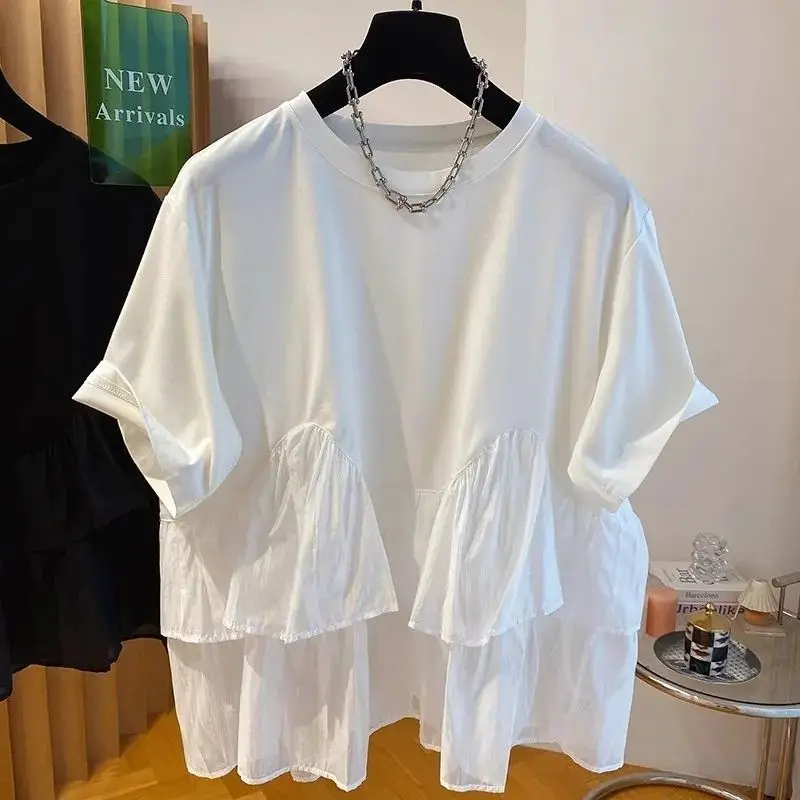 

Summer Plus Size Irregular Short Sleeve T-Shirt Women Patchwork Puffy Doll Shirt Loose Top