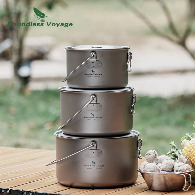 Boundless Voyage Titanium Camping Pot Big Capacity & Leightweight Outdoor Hanging Pot 2900ml 1950ml 1300ml Cooking Pot for Men