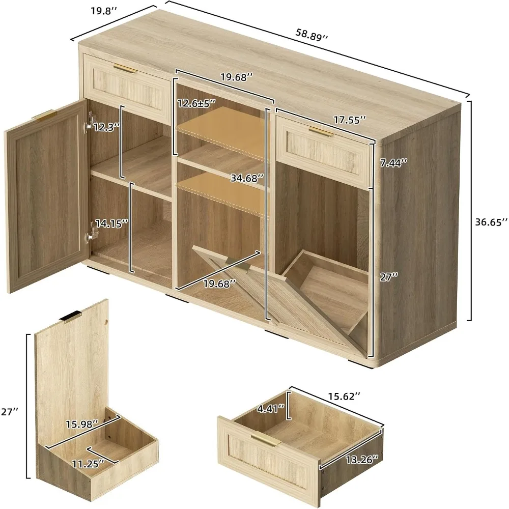 Wine Bar Cabinet with Mini Fridge Space and Hidden Trash Cabinet Buffet Sideboard