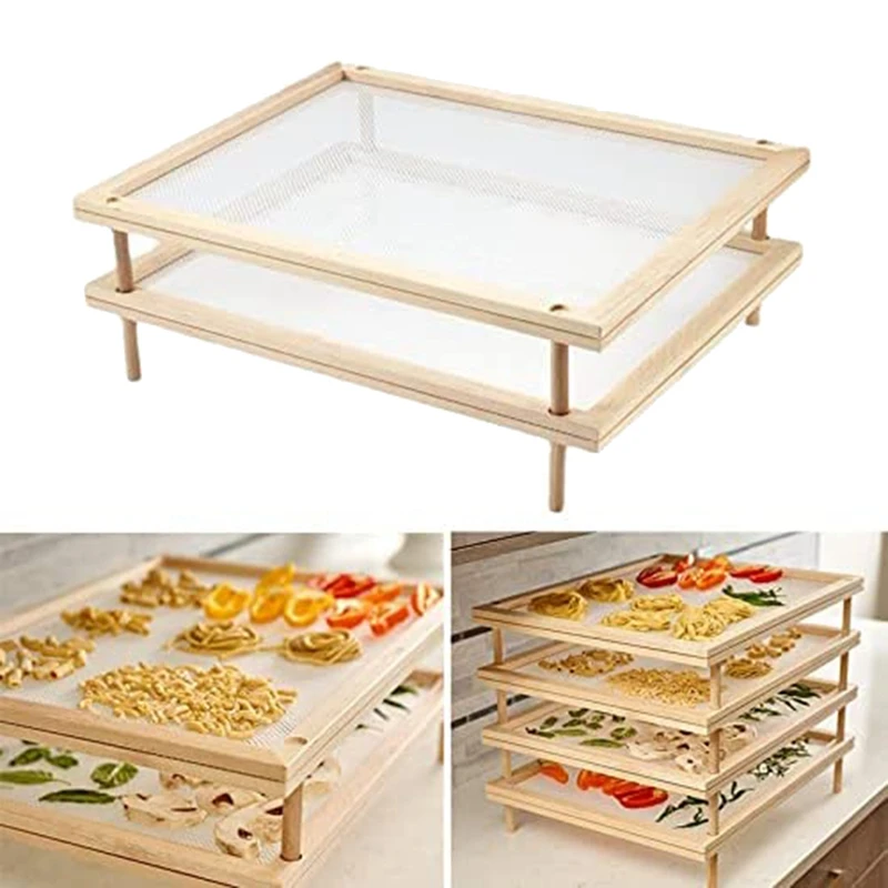 Stackable Food Dryer with Net Wooden Pasta Herb Drying Racks Multipurpose 2-Tier Food-Dryer Holder