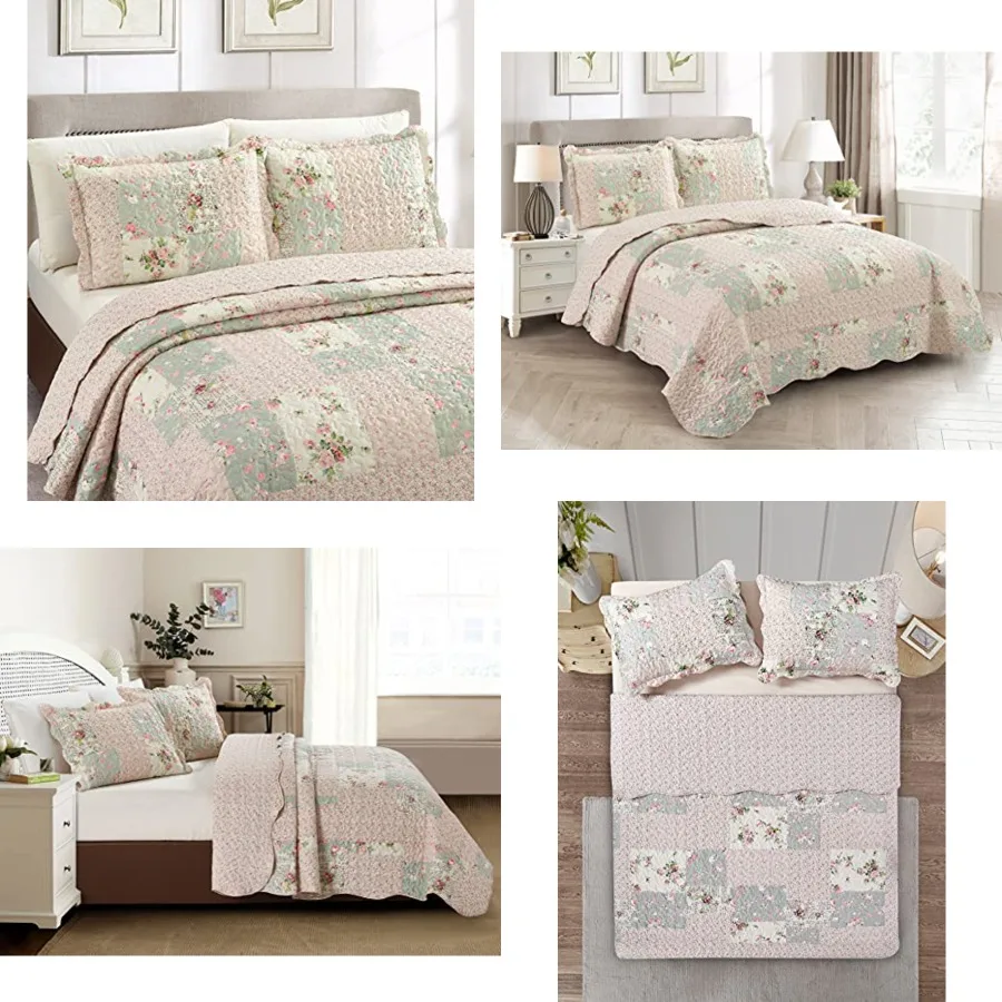 

Rose and Sage, 3-Piece Bedding Sets, Traditional Patchwork Design, Washable and Reversible Bedspread, Soft Lightweight Coverlet