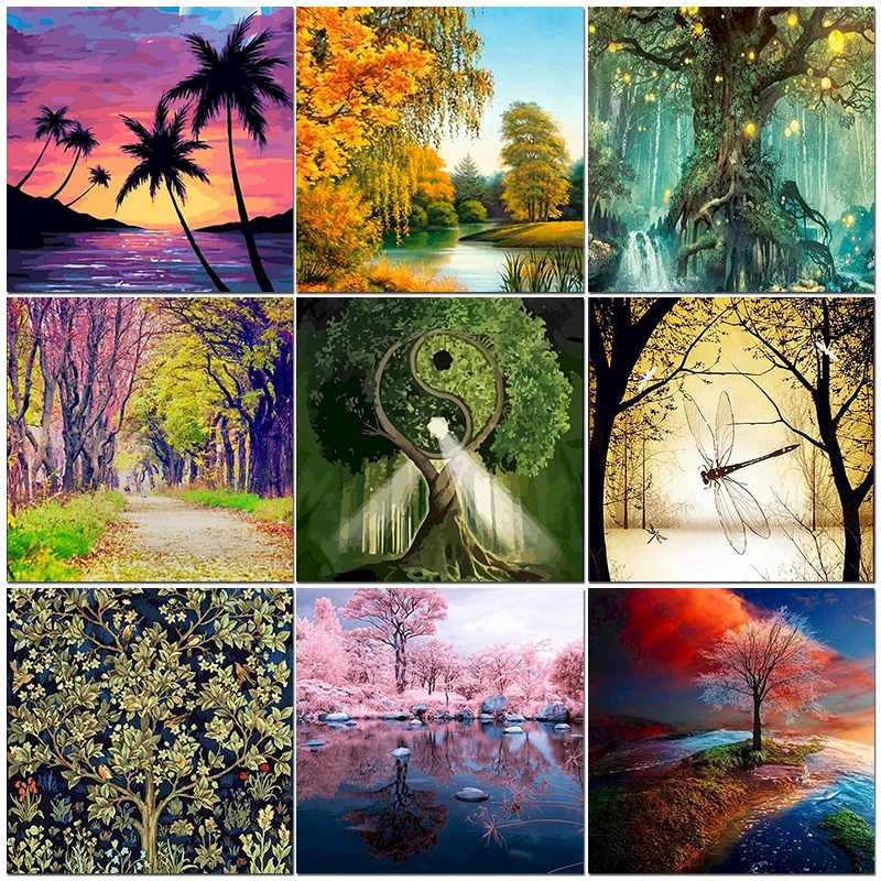 CHENISTORY Tree Oil Painting By Numbers For Adults With Frame DIY Green Landscape Acrylic Paint Coloring Decoration Pictures Kit