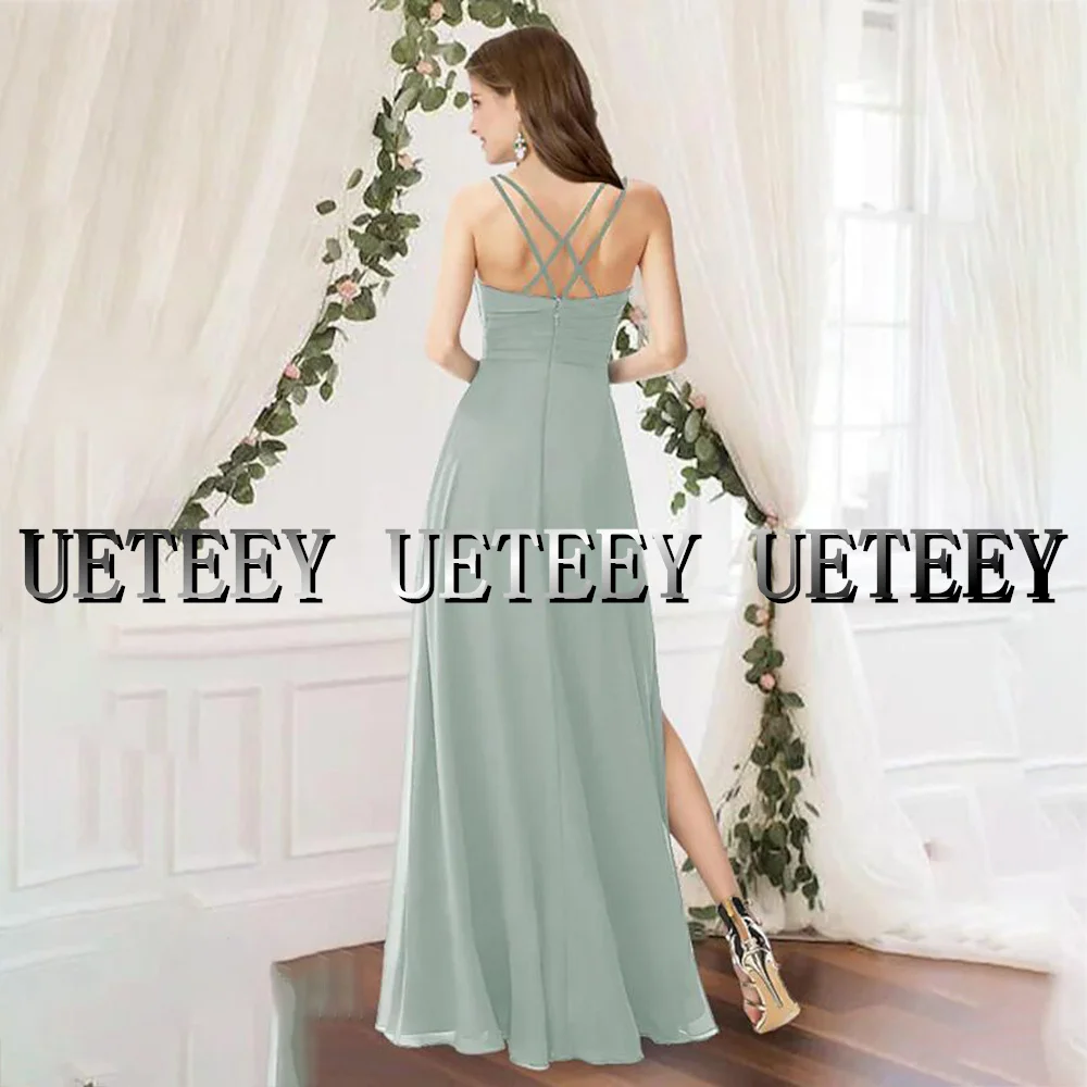 Ueteey elegante chiffon vestido de dama de honra sexy cintas de espaguete sem mangas fenda lateral plissados festa de casamento vestidos escova trem 2022