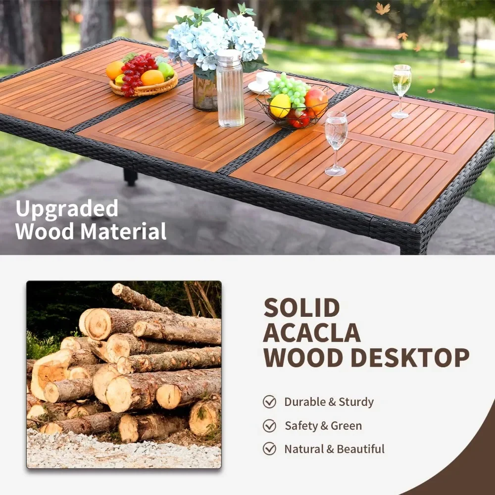 Outdoor Acacia Wood Dining Set, Cadeiras com almofadas macias, Móveis de vime do pátio, Deck, Quintal, Jardim, 9 Pcs