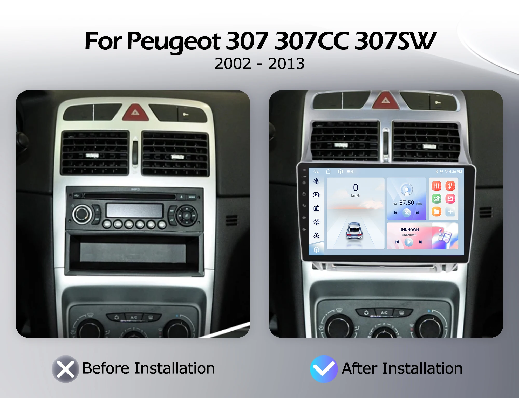 Android 16 For Peugeot 307 307CC 307SW 2002-2013 Car Radio Lntelligent Multimedia Player Auto Wireless CarPlay WIFI 4G DSP GPS